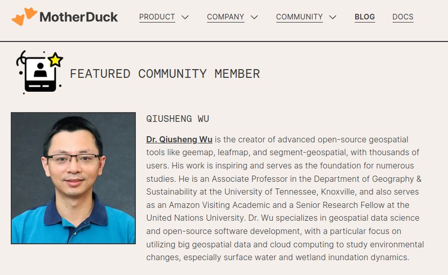 I am honored to be featured in @motherduck's monthly newsletter as a community member motherduck.com/blog/duckdb-ec… Check out my course on #DuckDb 🦆 and #geospatial 🌎 📚Jupyter notebooks: geog-414.gishub.org/book/duckdb/01… 🎥Video playlist: youtube.com/playlist?list=…