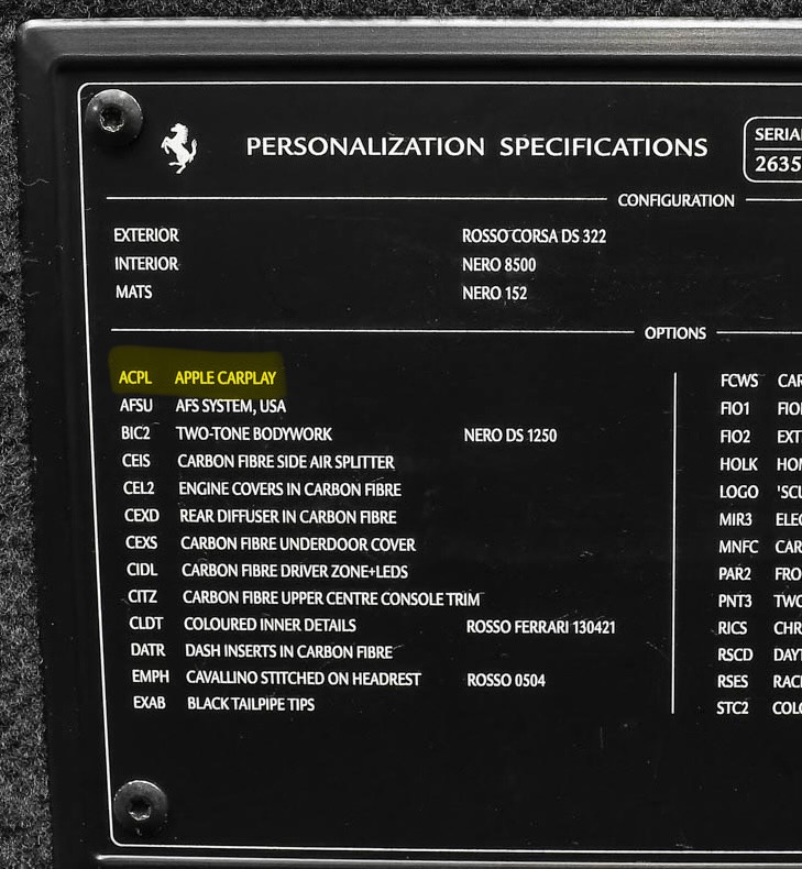 Can't imagine spending $600,000+ on all these <a href="/Ferrari/">Ferrari</a> parts, and having "APPLE CARPLAY" generically listed on the spec plate inside 🚗

Lot of skeptics of General Motors ditching CarPlay, but I at least appreciate <a href="/GM/">General Motors</a> trying to forge its own path:  
bloomberg.com/news/newslette…
