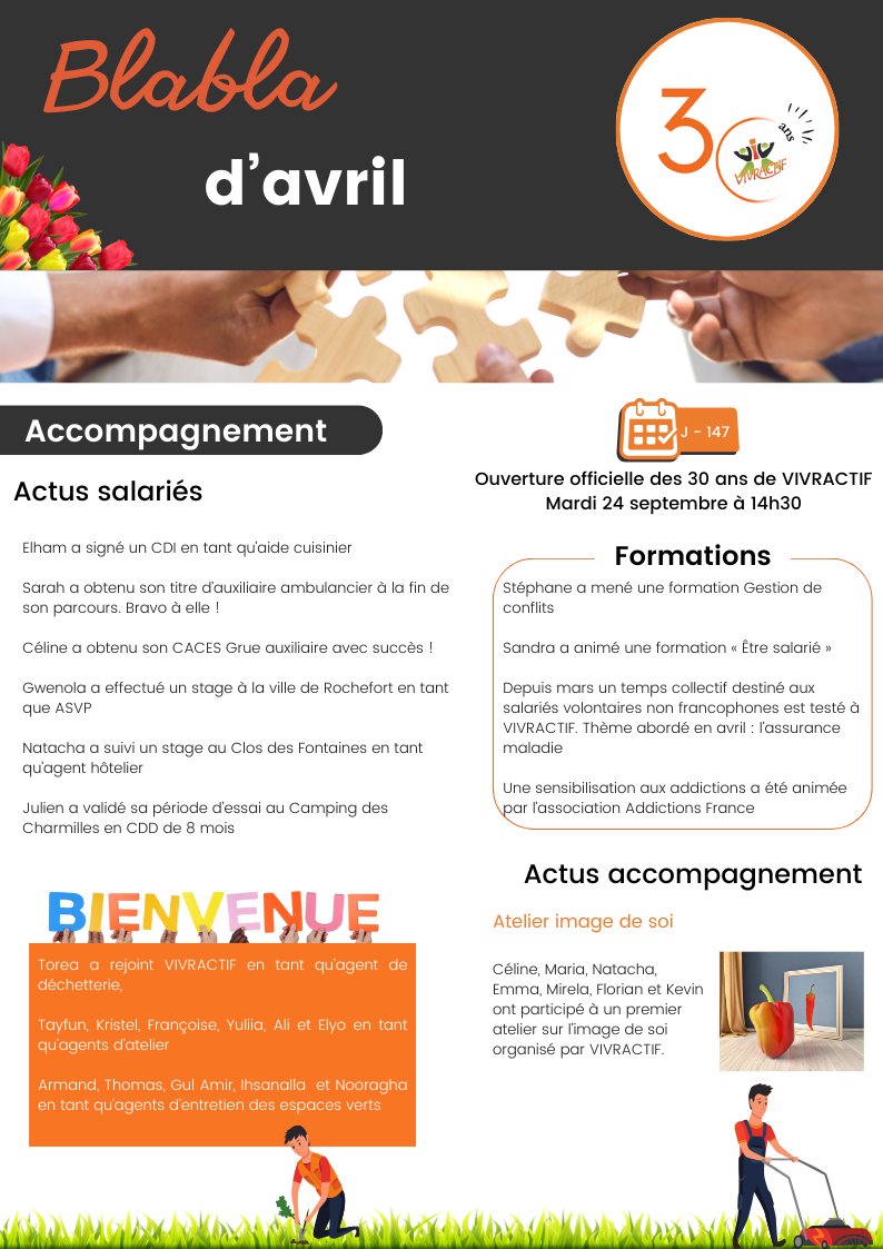 vivractif's tweet photo. Retrouvez les dernières actus de VIVRACTIF dans notre blabla du mois!
#emploi #insertion #accompagnementsocial #siae #insertionsocioprofessionnelle #formation #tonnaycharente https://t.co/9b6tzWoH3H