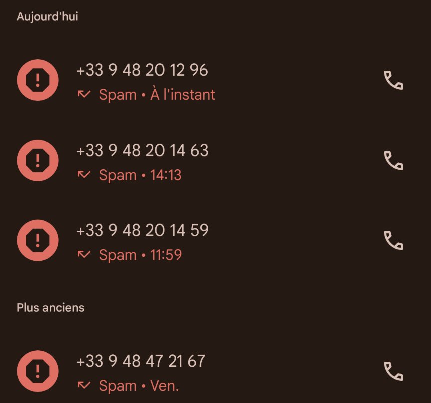 Sinon le harcèlement ça va ?! Niquez-vous peut-être ?

Je décroche jamais aux inconnus, si c'est important ça laisse un message. Mais si vous êtes sociables, évitez ce qui commence par : 09 48, 09 49, 01 62, 01 63, 02 70, 02 71, 03 77, 03 78, 04 24, 04 25, 05 68 et 05 69.