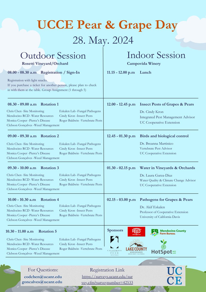 Registration link here: surveys.ucanr.edu/survey.cfm?sur…
Pear and Grape Day is a great opportunity to hear about leading scientific work in grape and pear production. Choose which crop you want to focus on  in this field event.  Attendees will receive a secateur holster from our sponsors.