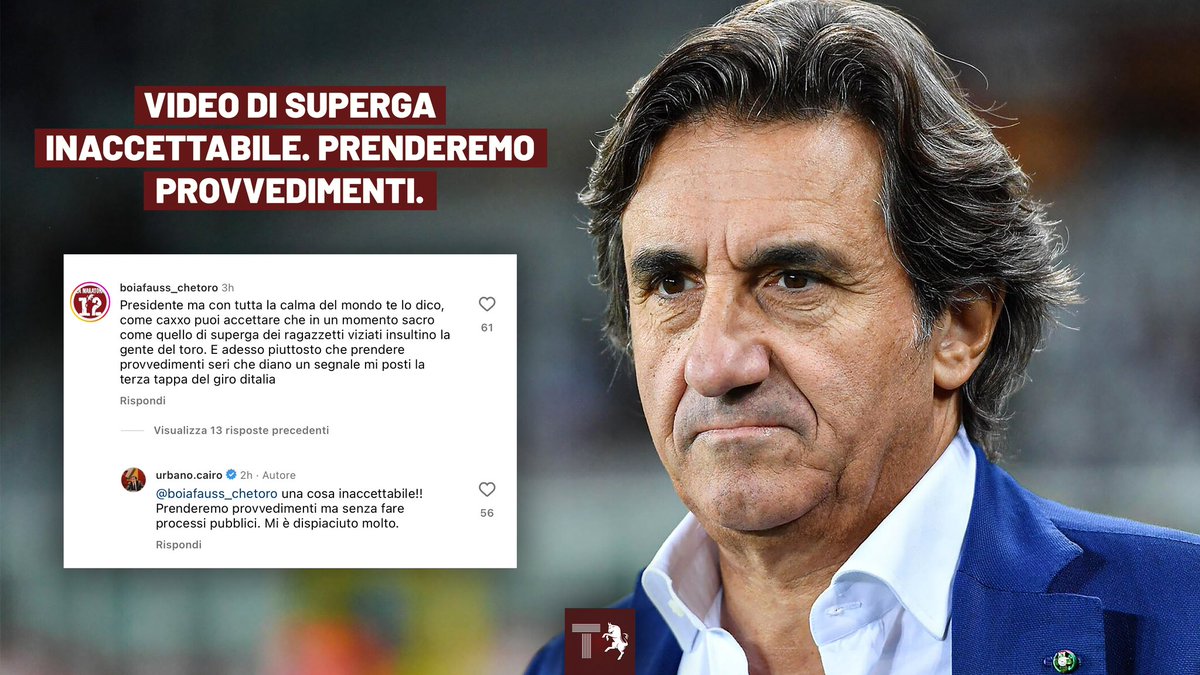 🚨 Dopo due giorni di silenzio, arriva la prima presa di posizione ufficiale da parte della società a seguito del vergognoso video virale che coinvolge alcuni giocatori sul pullman a Superga. Il Presidente #Cairo risponde così ad un tifoso su Instagram. #SFT #FVCG