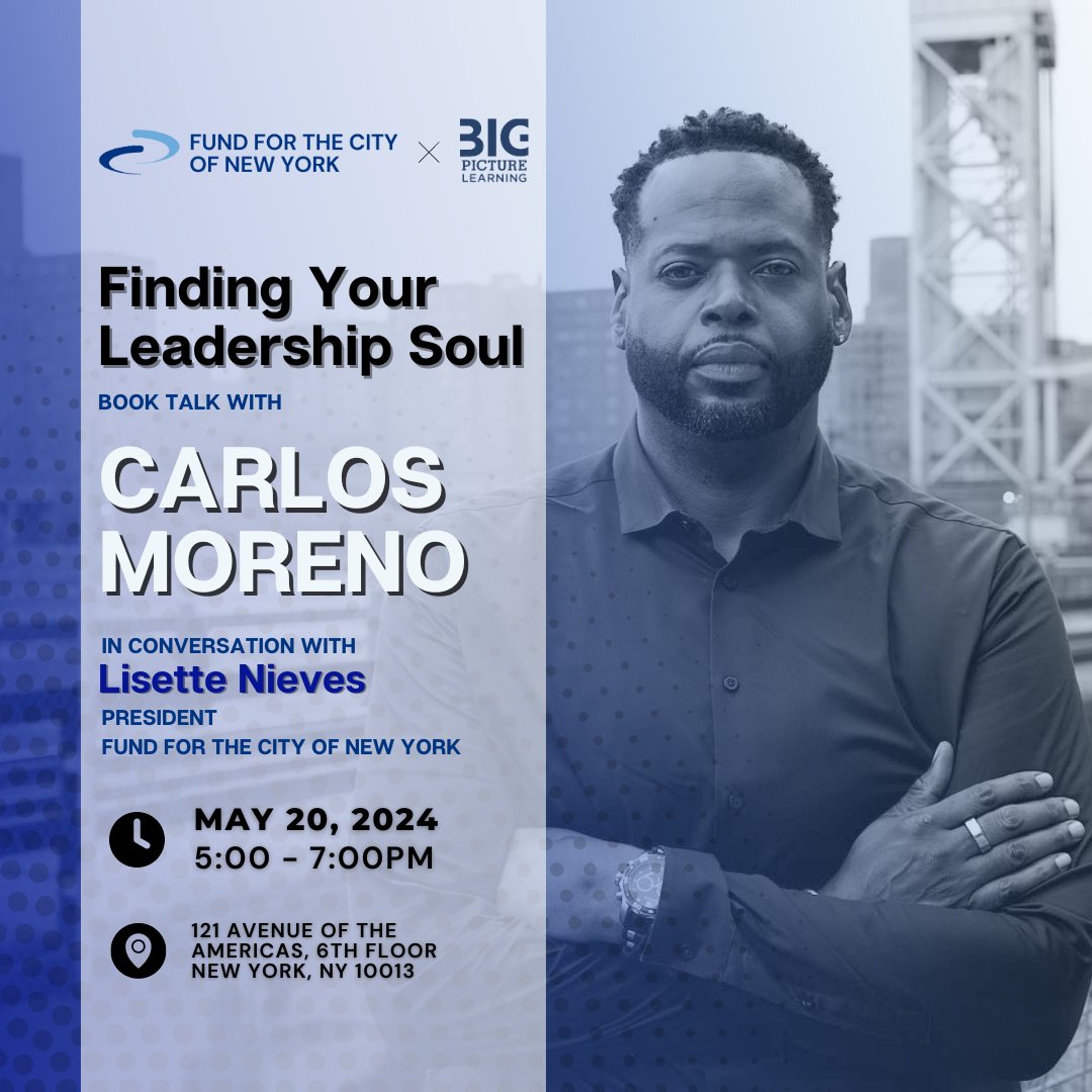 The Finding Your Leadership Soul book tour rolls on! If you're in New York City on Monday, May 20th, we hope you'll join @Carlos_Moreno06 in conversation with @FundforNYC President @LisetteNieves1. Details and RSVP available here: fcny.wufoo.com/forms/z1a8bj6u…
