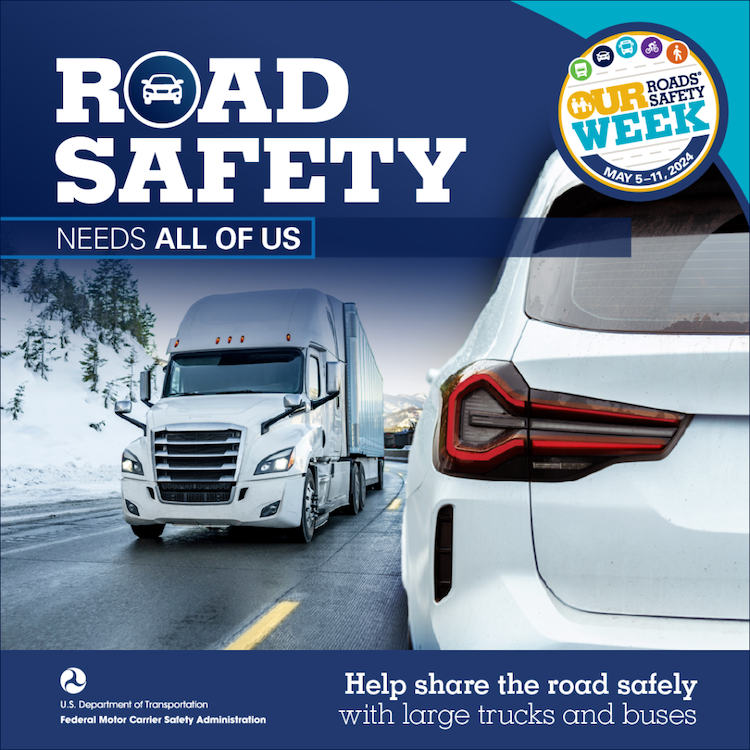 By giving large trucks and buses extra space to merge, being aware of large blind spots, and giving the room required when making turns, we can do our part to share #OurRoads safely. Learn more: bit.ly/3UvAJyS #OurRoadsOurSafetyWeeK #FMCSA