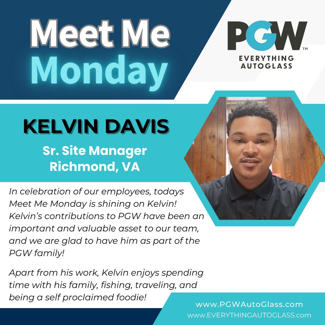This week's #MeetMeMonday is shining on Kelvin Davis our Sr. site Manager in Richmond, Virginia!

Kelvin has been with PGW since 2015 and has been an important asset to our PGW family since!
#Autoglass #Windshields #EmployeeAppreciation