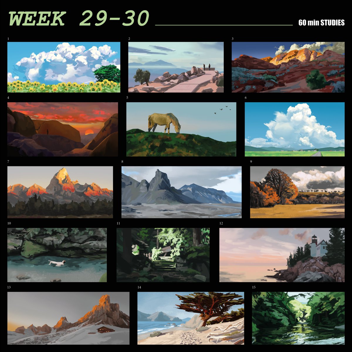 Quentin_Joas's tweet image. Recap of last two weeks (7 month and a half into this), not my best week to be honest. I feel less involved in my paintings lately, checking the time more often, etc but I'll blame the bad weather for this, I know it's just a phase 😠