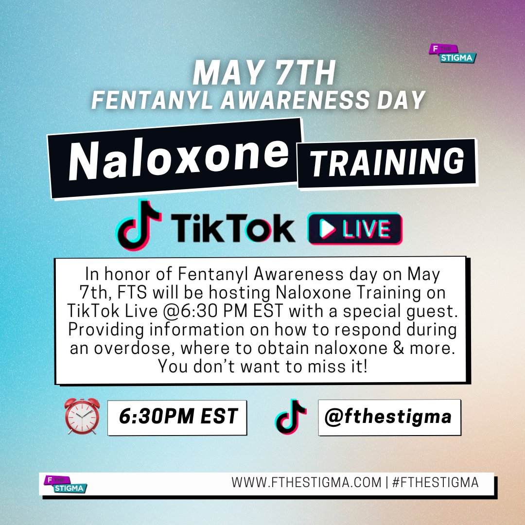 TOMORROW, May 7th 6:30 PM EST. We're hosting a Tiktok Live Naloxone Training in honor of Fentanyl Awareness Day. Providing information on how to respond during an overdose, where to obtain naloxone & more. See you all there!

#fthestigma #tiktoklive #naloxone #fentanylawareness