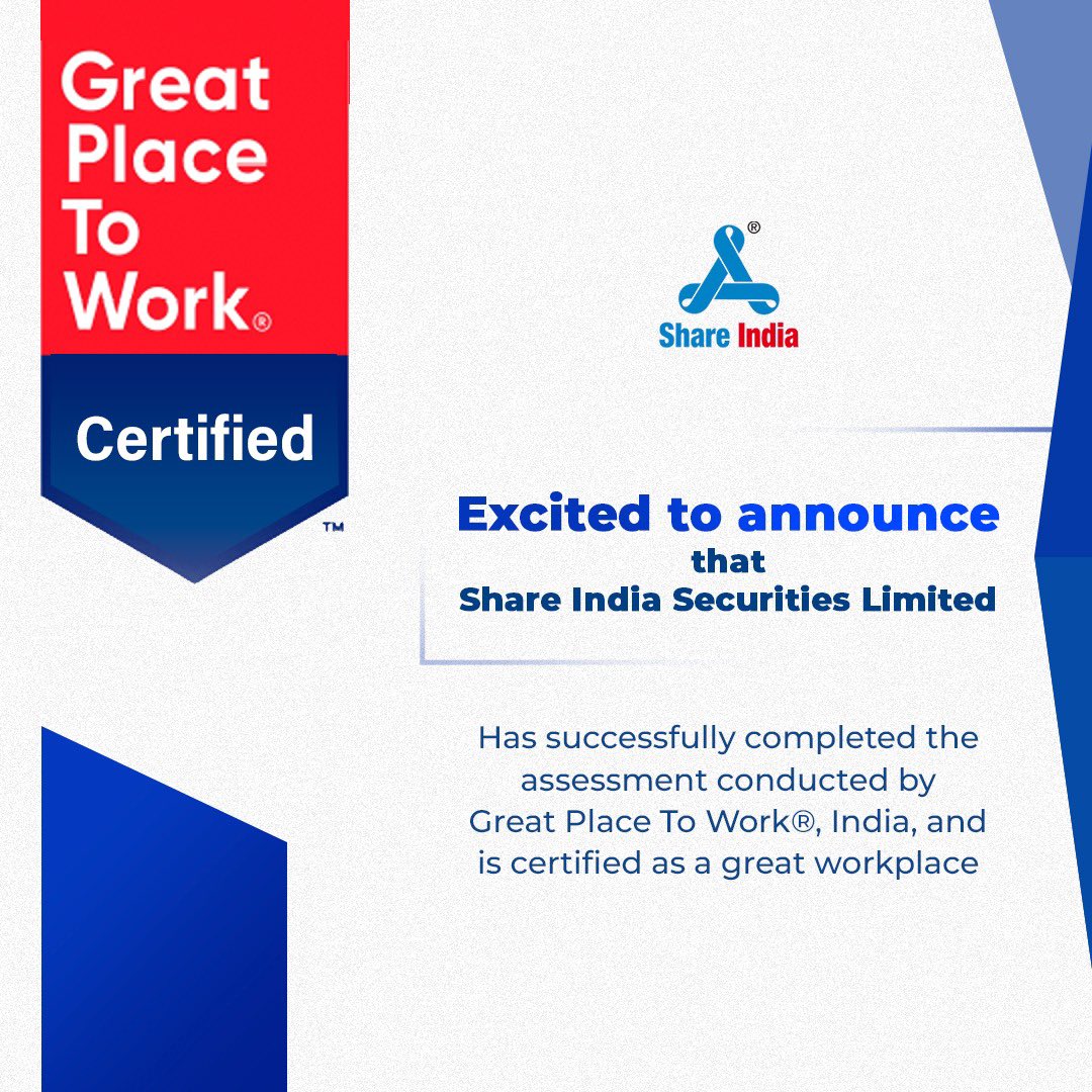 Proud moment for all of us at Share India Securities Limited! Recognized as a great workplace by Great Place To Work®️, India.

#shareindia #greatplacetowork #india #trading #employees #certificate #algotrading
