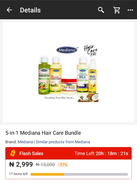 Look what I found on the flash sales category.
5 in 1 hair products from Mediana at just ₦2999naira instead of ₦10,000. I am soo adding to my cart,how about you? 
Click to get yours at ₦2999👇

 kol.jumia.com/s/7R1LAeZ
#JumiaNigeria #JumiaKolprogram #haircare #Flashsales