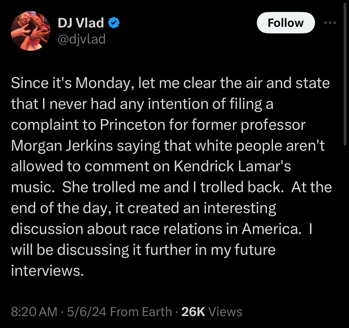 A lie. He tagged my employer multiple times with the intention to professionally harm me. I didn’t troll. I centered Black people in a discussion on hip-hop and told him to stand down bc it’s not his space. 

He’s backtracking bc he miscalculated.

Btw, stop contacting my family.