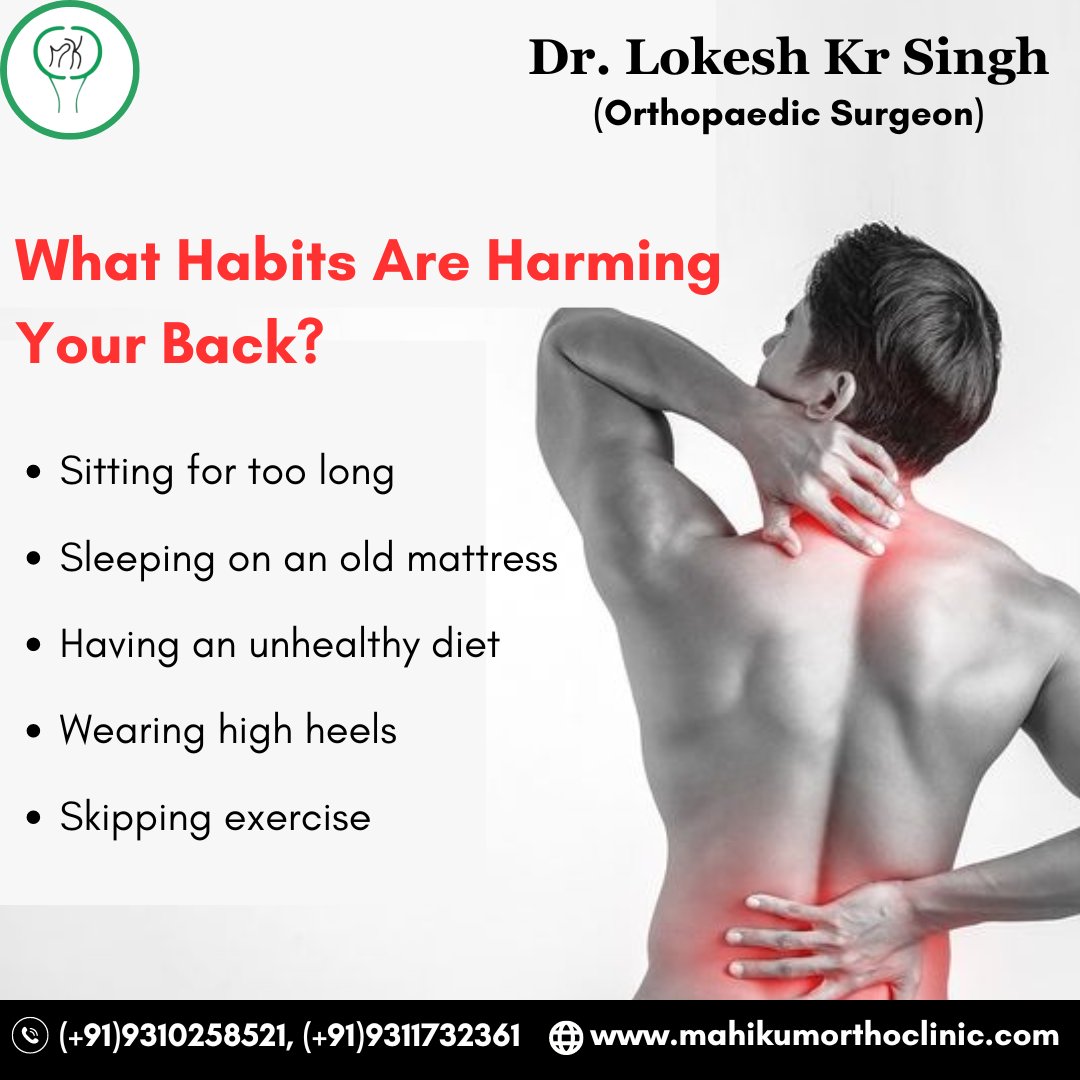 𝐖𝐡𝐚𝐭 𝐇𝐚𝐛𝐢𝐭𝐬 𝐀𝐫𝐞 𝐇𝐚𝐫𝐦𝐢𝐧𝐠 𝐘𝐨𝐮𝐫 𝐁𝐚𝐜𝐤?

👉 Sitting for too long
👉 Sleeping on an old mattress
👉 Having an unhealthy diet
-
Book your appointment (+91)9310258521, (+91)9311732361
-
#MahikumOrthoClinic #Orthopaedicclinic #jointspain #backpain #shoulderpain