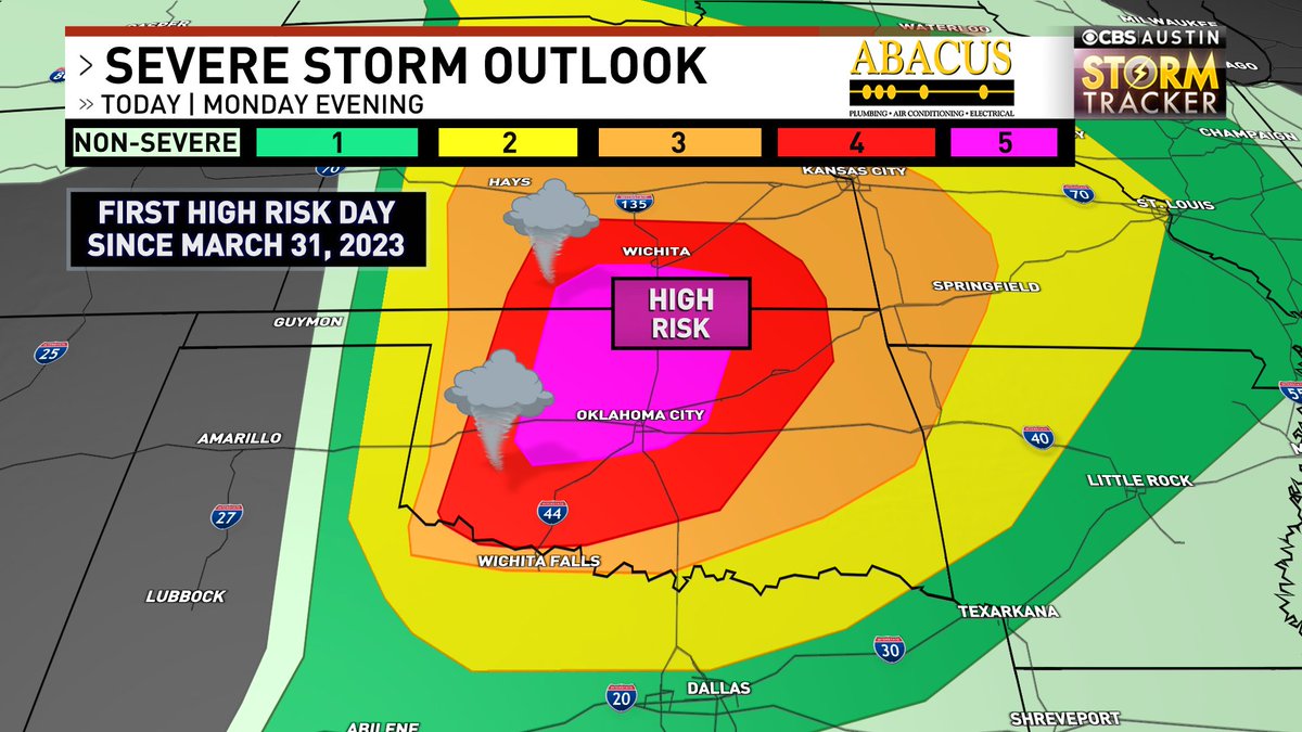 There it is. First high risk day in more than a year has been issued in Oklahoma & Kansas. Intense, long-track tornadoes likely this evening