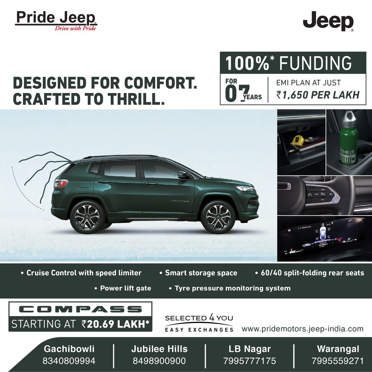 Navigate the wild with grit and grace, as every terrain becomes your playground in the legendary ride of a lifetime.

#Pridejeep #PrideJeepHyderabad #jeepcars #jeeplife #jeepindia #JeepJubileeHills #JeepGachibowli #JeepWarangal #Jeeplbnagar #jeepcompass #jeepcompassindia