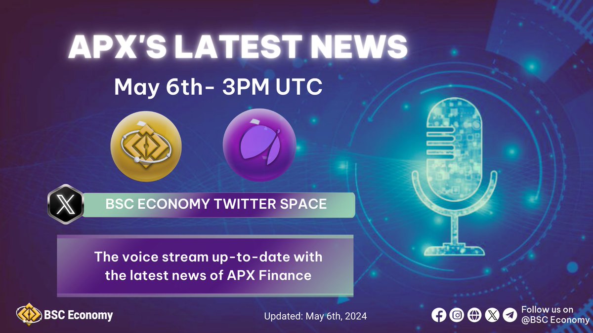 🎙️@APX_Finance Latest News Update Stream🎙️ 🗓️3PM UTC - May 6th 📍twitter.com/i/spaces/1eaJb… 💂Looking forward to your arrival🫰 #BSCEconomy #Defi #NFT #NFTs #NFTMarketplace #NFTCommunity #BLOCKCHAIN #BlockchainEducation