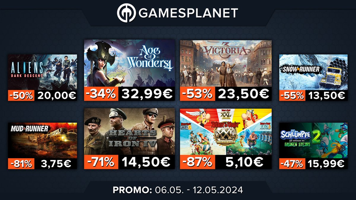 Mit 91 neuen Weekly Deals in eine hoffentlich sonnige Woche. Mit #Victoria3, #HeartsOfIronIV, #Aliens Dark Descent und mehr. 🔥 gamesplanet.com/games/offers/w…