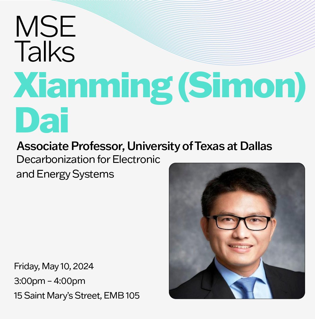 As our last MSE Talk for the year, Dr. Xianming (Simon) Dai will be in EMB 105 this Friday to give his lecture on decarbonizing packaging!