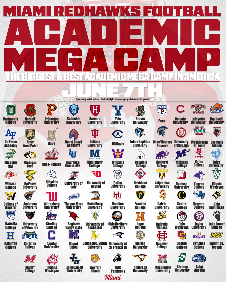 Do not miss your chance to compete in front of over 80 schools at one time right here in Oxford, Ohio. Register today: …niversityfootballcamps.totalcamps.com