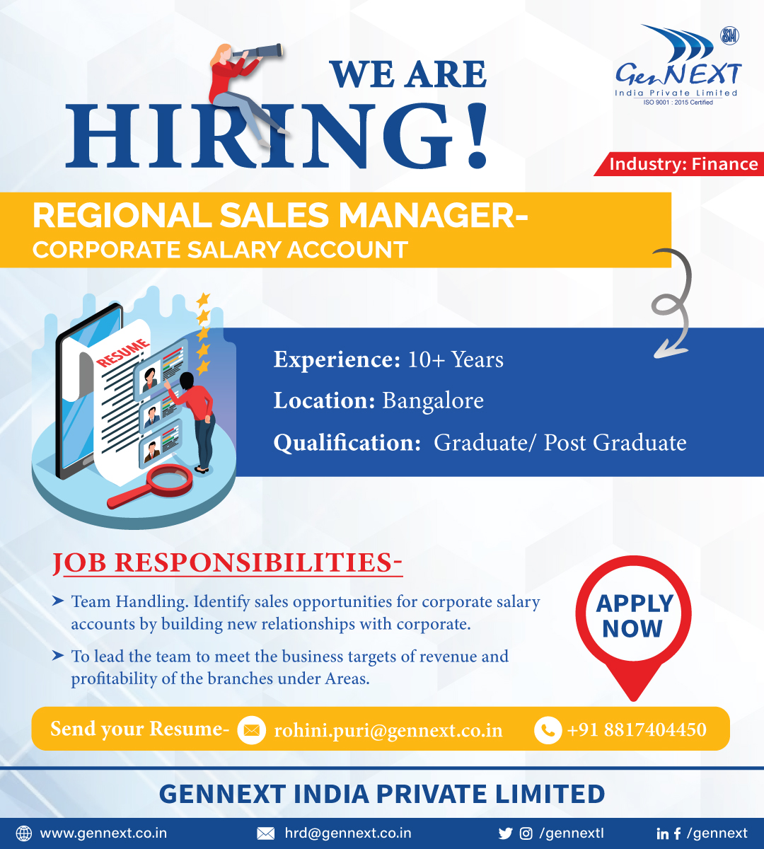 #UrgentHiring 💼📢🎯

Position: Regional Sales Manager (Corporate Salary Account) 
Location: Bangalore

#RegionalSalesManager #SalesManager #Graduate #hiringnow #jobsearching #jobsearch #Recruitment2024 #jobvacancy2024 #nowhiring #recruiting  #gennextjob #gennexthiring #GenNext