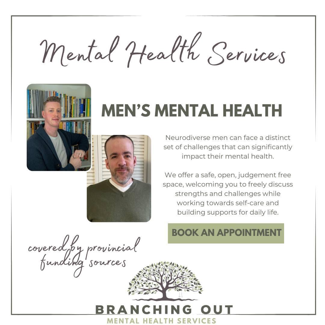 Neurodiverse men can face a distinct set of challenges that can significantly impact their mental health.
We offer a safe, open, judgement free space.

branchingoutsupportservices.ca/mental-health-…

#MentalHealth #MensMentalHealth #Neurodiverse #Neurodiversity #MentalHealthServices