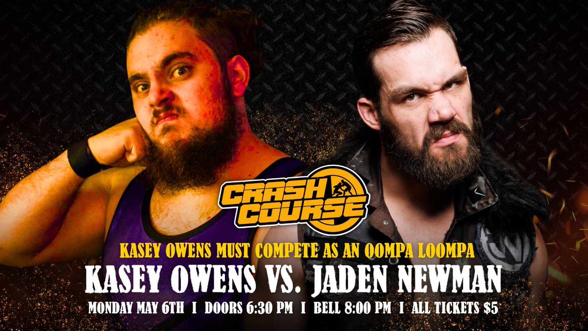⚠️TONIGHT AT THE TWE ARENA⚠️ After his loss against @bellaskye24 at our last #CrashCourse event, @thekaseyowens must compete dressed as an Oompa Loompa against @Jaden4Real! TICKETS ONLY $5 🎟️: twechattanooga.square.site