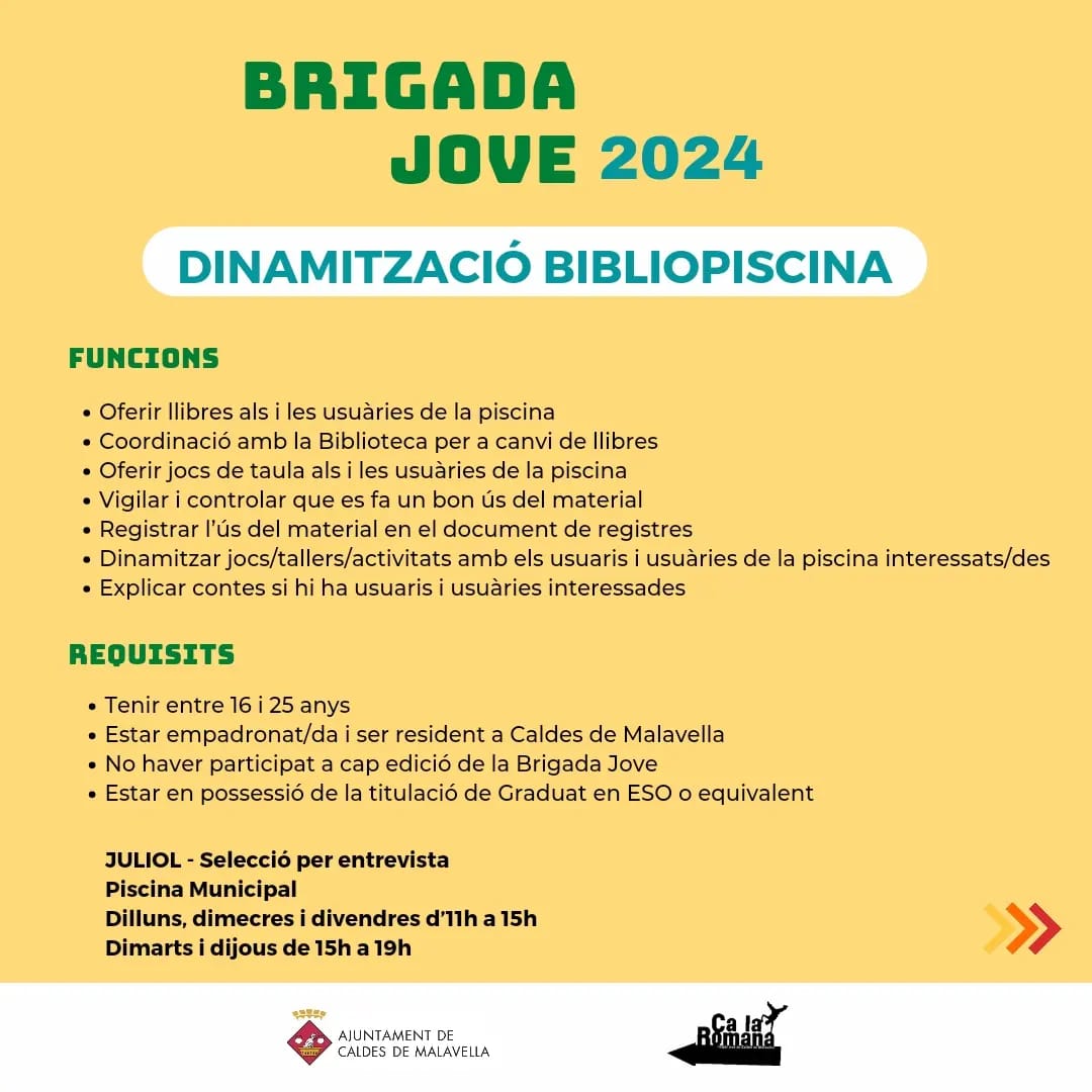 🌟 Inscripcions obertes per a la Brigada Jove 2024! 🌟

🗓️ Del 7 al 27 de maig pots cursar la inscripció per formar part d'aquesta experiència única a #CaldesdeMalavella. No t'ho perdis!