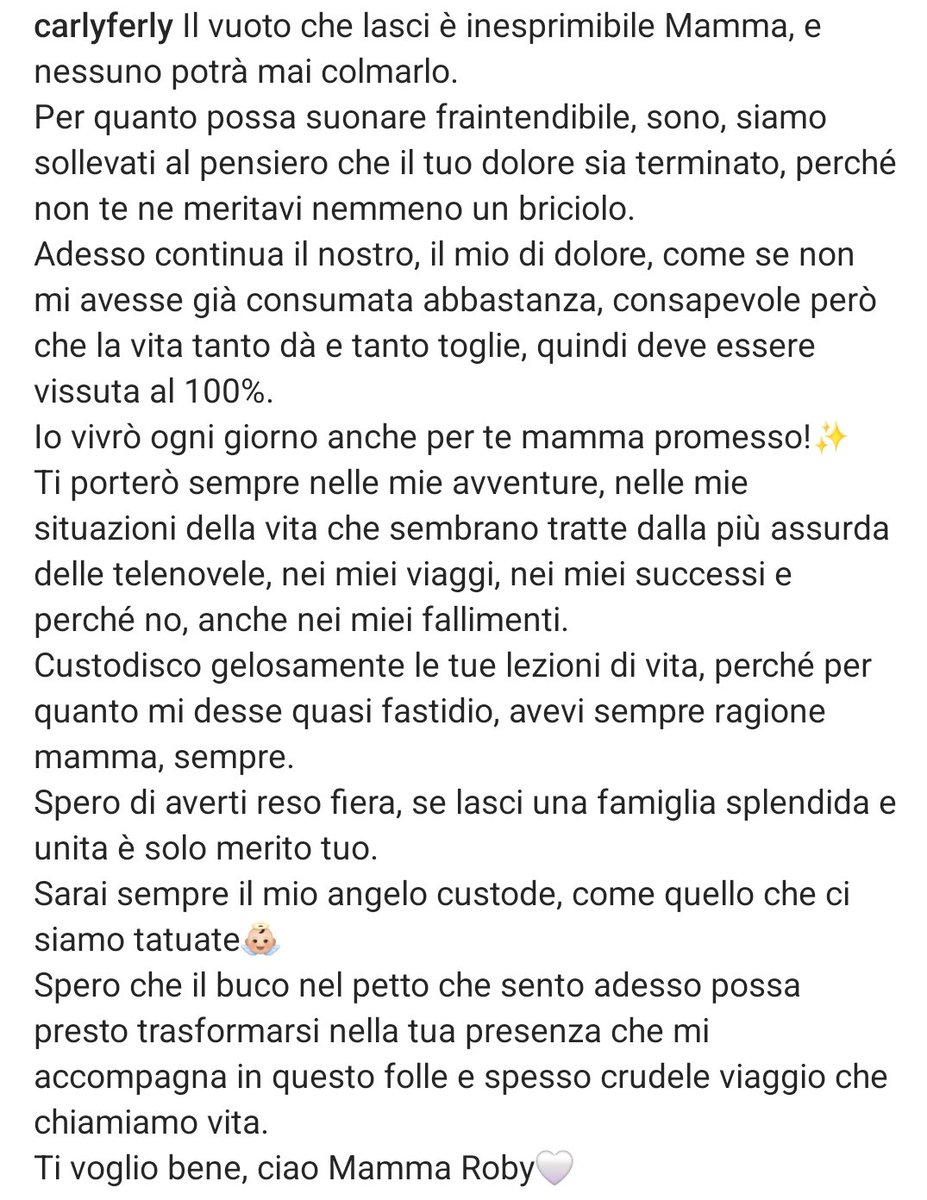 mi dispiace davvero tanto per la mamma di Carlotta Ferlito, non oso nemmeno immaginare quanto sia stato difficile.