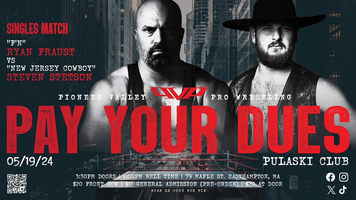 🚨 Sun. May 19, 2024 🚨 #PayYourDues 8 matches announced including these #FirstTimeEver matchups: @BigBaconBrad vs @SammyDiazJr @Chris_Benne_NYC vs @HammerTunis @Upgrade_Jay vs @donesshotcaller @RyanFWrestles vs @Steven_Stetson_ Tickets only $17-20! 🎟️ pvptickets.fws.store…