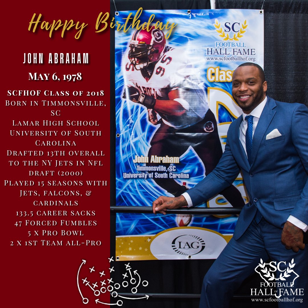 SCFootballHOF's tweet image. Happy Birthday to Timmonsville native &amp;amp; @Lamar_HS_FB   @GamecockFB star John Abraham!! @nyjets @AtlantaFalcons @AZCardinals #SCFHOF18
scfootballhof.org/inductees/indu…