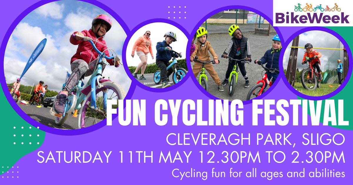 Bike Week kicks off this Saturday 11th May with a fun cycling festival for all ages and abilities. Bikes available for use. Full details of the week at sligosportandrecreation.ie/bikeweek or bikeweek.ie @sligococo @TFIupdates #bikeweek