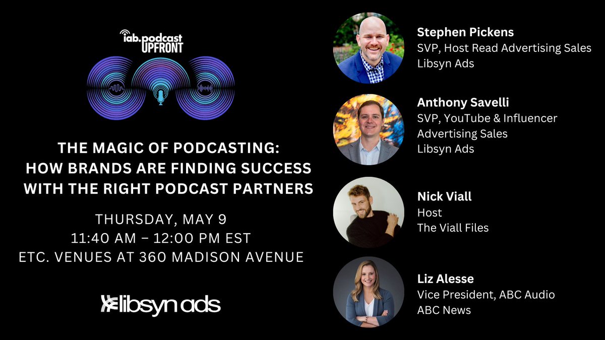 We’re 3 days away from the @IAB Podcasting Upfronts! Join us May 9th at 11:40am for ‘The Magic of Podcasting: How Brands are Finding Success with the Right Podcast Partners’ with our team & ad partners @abcaudio’s @eaalesse & @NickViall. Register: bit.ly/3y6uXMG
