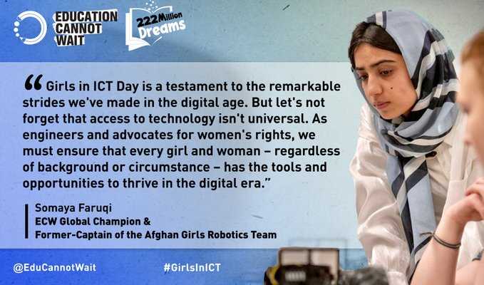 '#GirlsInICT Day is testament to the remarkable strides we've made in the digital age. 

As engineers & advocates for #WomensRights, we must ensure that every girl & woman has the tools & opportunities to thrive in the digital era.'

~#ECW Global Champion, @FaruqiSomaya @UN ✨📚