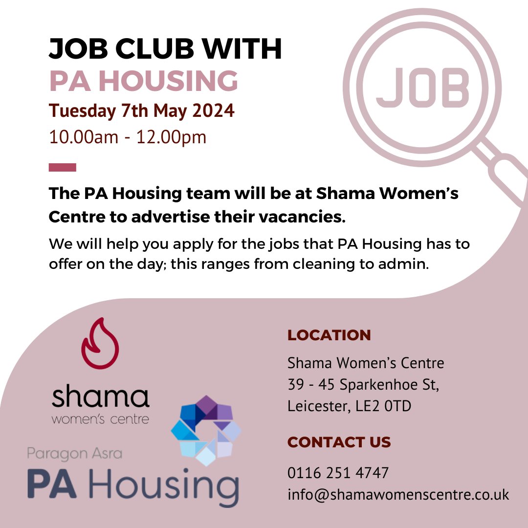 During Job Club tomorrows the PA Housing team will be here to advertise their vacancies that range from cleaning to admin.

The Shama team will be here to help you apply for the jobs advertised.

#JobClub #Vacancies #LeicesterJobs #ShamaWomensCentre #PAhousing #JobSupport