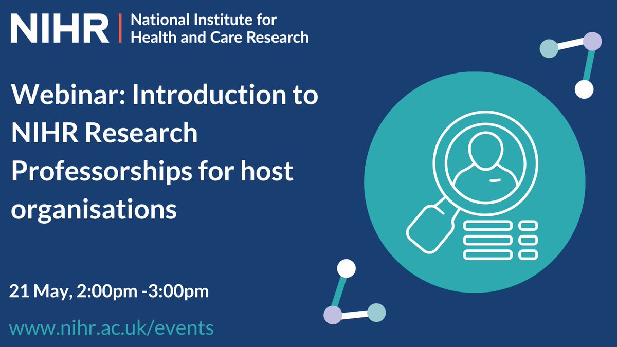 NIHR Research Professorships provide 5 years of funding to allow exceptional academics to work at a professorial level. Our webinar on 21 May is aimed at organisations that have not previously hosted an NIHR Research Professor. Register: eu01web.zoom.us/webinar/regist…