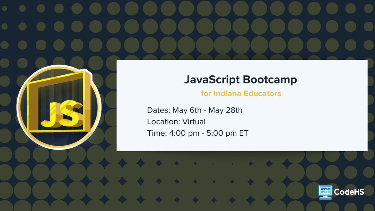 Indiana teachers, don't miss out on a free #JavaScript bootcamp starting today! Registration is still open here: buff.ly/3hM5blS @EducateIN @IndianaCSTA @iceindiana @ISTAmembers