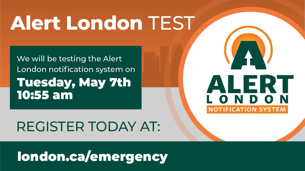 On Tuesday, May 7 at 10:55 a.m., Londoners who have registered for Alert London will receive a test notification. In the event of an emergency, Alert London will provide critical public safety messages to anyone who has signed up. Register now: london.ca/emergency