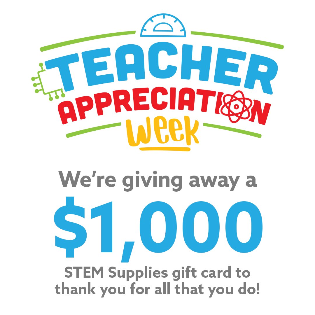Happy #TeacherAppreciationWeek 🥳 🎉 Teachers are the heart of education and we want to thank you for all that you do! Enter to win a $1,000 STEM Supplies gift card below ⤵️ #forteachers #STEMgiveaway #STEM 

Enter Giveaway: bit.ly/3Qj7yhg