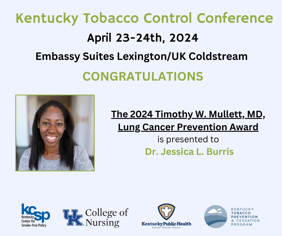 Congratulations to the 2024 Timothy W. Mullett, MD, Lung Cancer Prevention Award winner, Dr. Jessica L. Burris @UKMarkey. @ukynursing @kytobaccofree Thanks to sponsors @CHISJH @Aetna @ARHhealthcare @UK_healthcare @kyvoices4health @KYhealthalerts