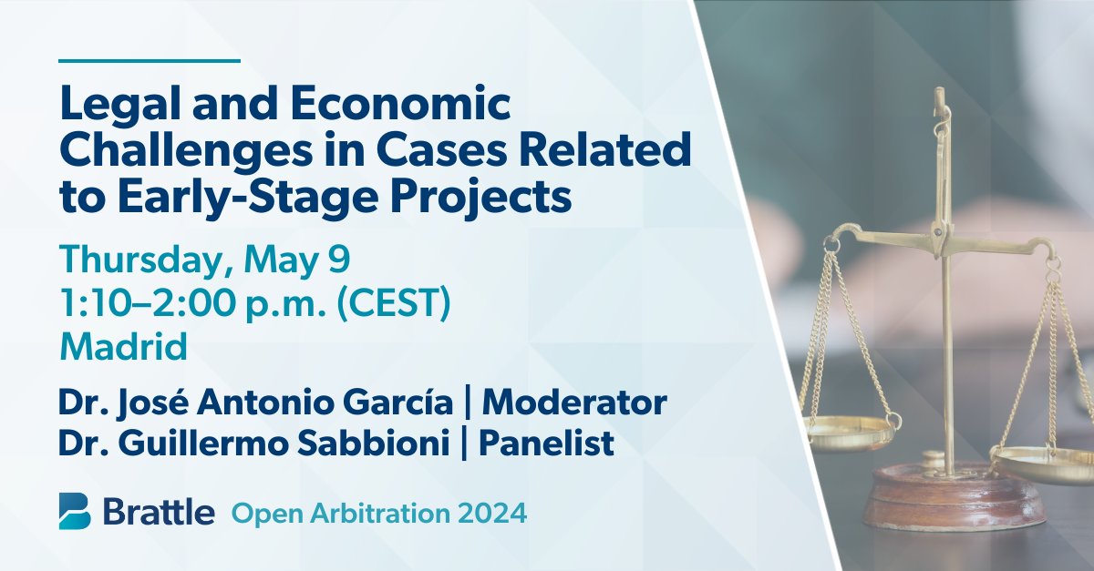 Brattle Principal Dr. José Antonio García and Senior Associate Dr. Guillermo Sabbioni will participate in @OpenDeArbitraje in Madrid. Brattle is also a proud sponsor of Arbitration Open 2024. bit.ly/4b5bXN4 #internationalarbitration