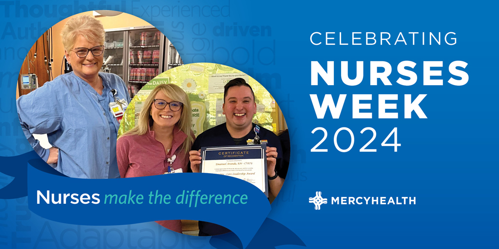 Join us in honoring our nurses by sharing a comment about an amazing Mercy Health nurse who has made a difference in your care. Let's spread love and gratitude for our incredible nurses during National #NursesWeek! #NursesMakeTheDifference #Observances #FacesOfHealthCare