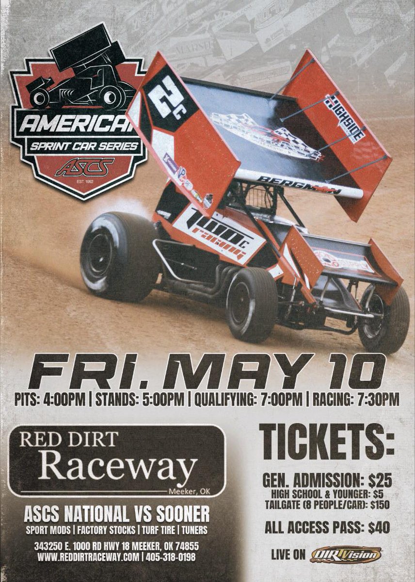 📢 𝗥𝗔𝗖𝗘 𝗪𝗘𝗘𝗞! The ASCS National Tour returns to Oklahoma for its debut at @RedDirtRaceway on Friday – joined by the ASCS Sooner Region! 🗓️ Friday, May 10 🎟️ bit.ly/RedDirtTix 📺 @DIRTVision