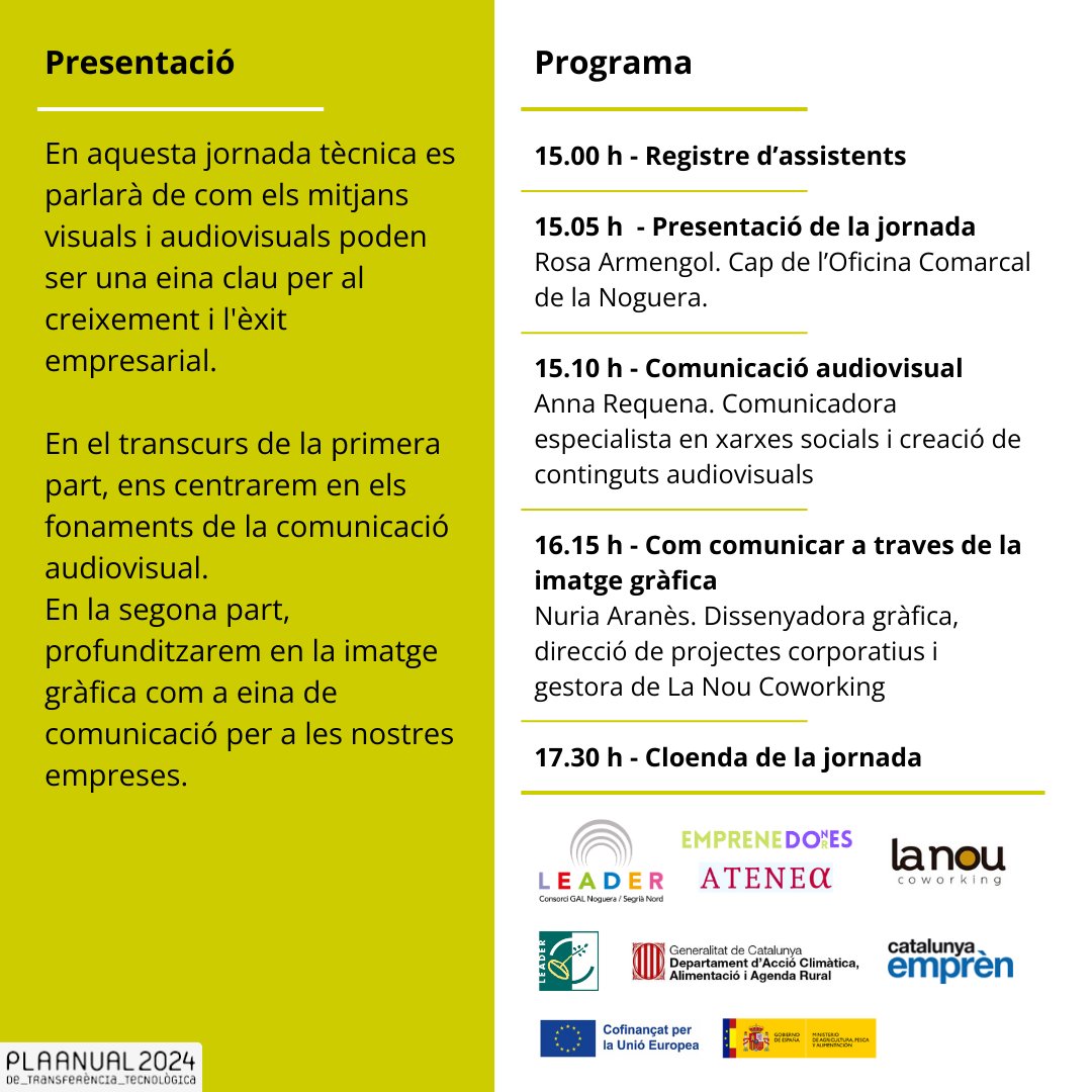 Comunicació audiovisual per a petits empresaris📢

🗓️ Dilluns, 13 de maig
🕒 15 h
📍 La Nou Coworking, Artesa de Segre

Inscriu-te en el següent enllaç 👉t.ly/j4hvW