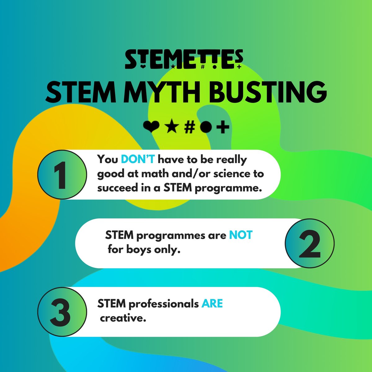 Stemettes's tweet photo. STEM myth busting 101: Math whiz not required! 📚💡 Boys-only club? Not in our lab! 👩‍🔬💪 And who says #STEM minds can't be creative? 🎨💡 Visit https://t.co/9qGfWa7M9x to find out how @stemettes can support you &amp; show you your options.

#WomenInSTEM #STEMeducation https://t.co/ldA0UfXxSg