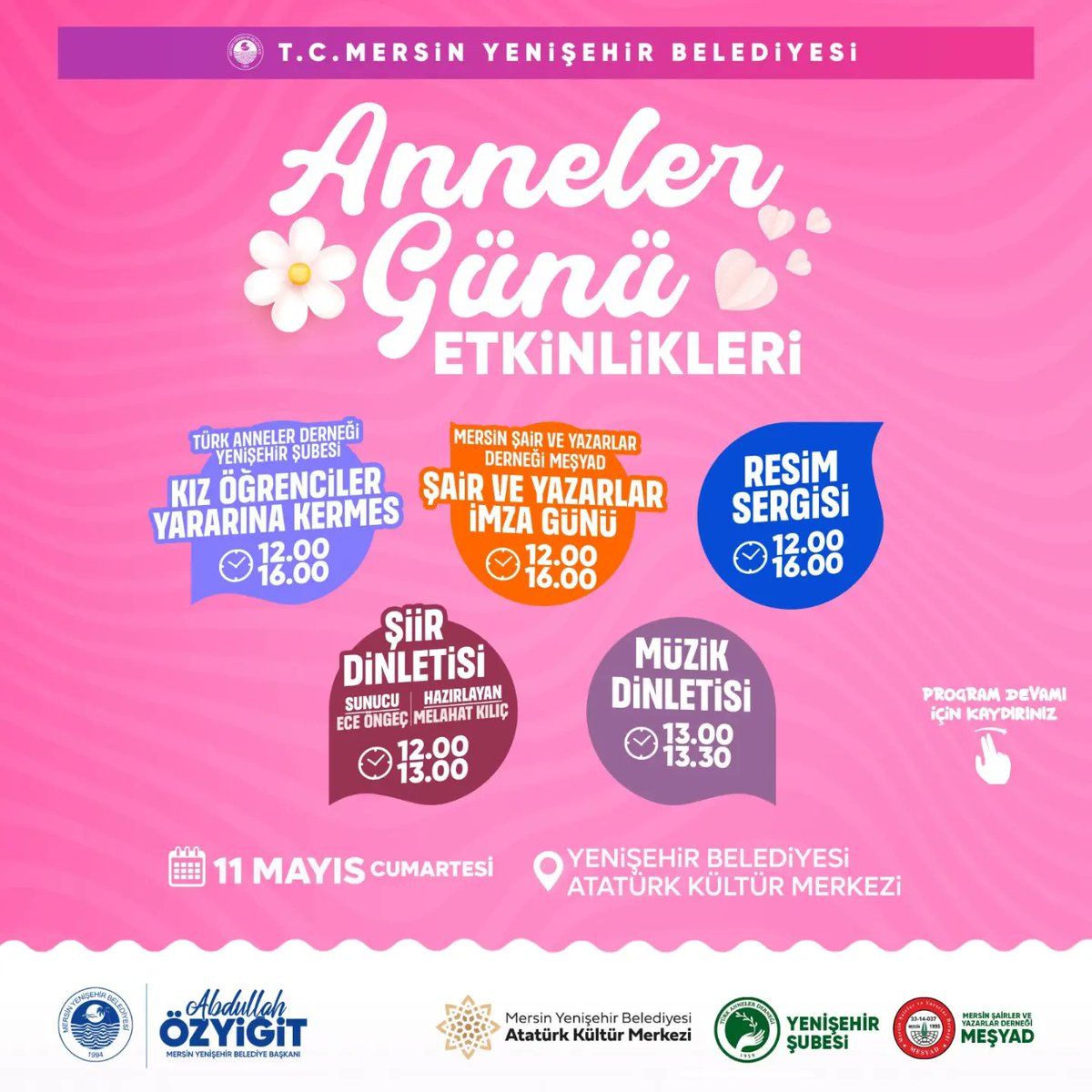 #AnnelerGünü etkinliklerimizde buluşalım! 🗓️11 Mayıs Cumartesi 📍Yenişehir Belediyesi Atatürk Kültür Merkezi 🗓️13 Mayıs Pazartesi 📍Yenişehir Belediyesi Akademi