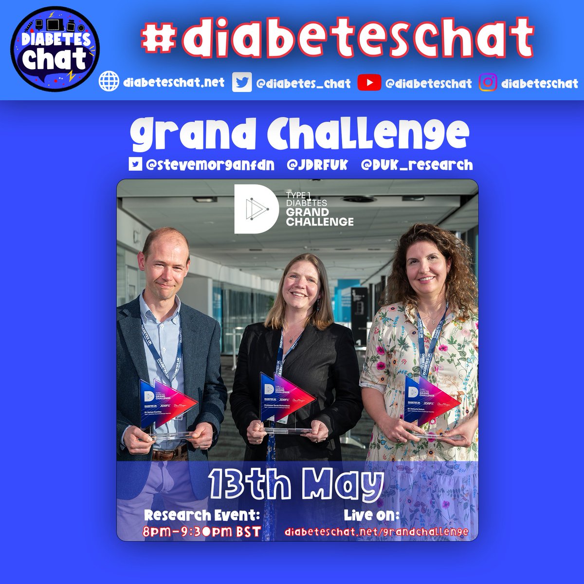 There’s just 1 week to go until #Type1GrandChallenge Senior Research Fellows, @JamesCantleyLab, @SarahIBEx and Dr Vicky Salem join @welshy_89 on @diabetes_chat! 🤩 👏 Join the event on Monday 13 May, 8pm-9.30pm. More info in the image! #GBDoc #DiabetesChat
