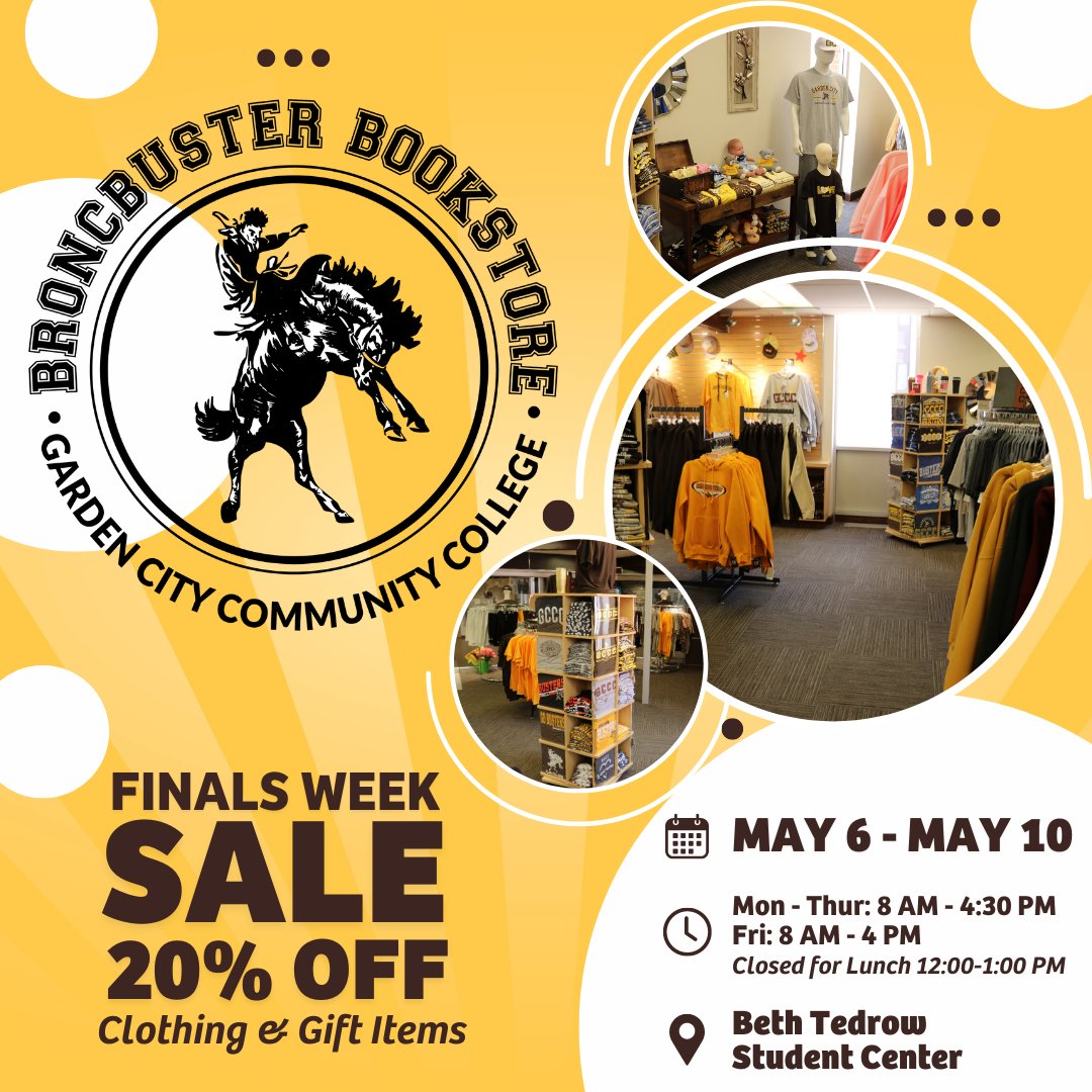 SALE ALERT! The Broncbuster Bookstore has 20% off Clothing & Gift Items ALL week! 📍Located in the Beth Tedrow Student Center ⏰Hours: Mon - Thur: 8 AM - 4:30 PM and Fri: 8 AM - 4 PM (Closed for Lunch: 12 - 1 PM) ☎️620-276-0390