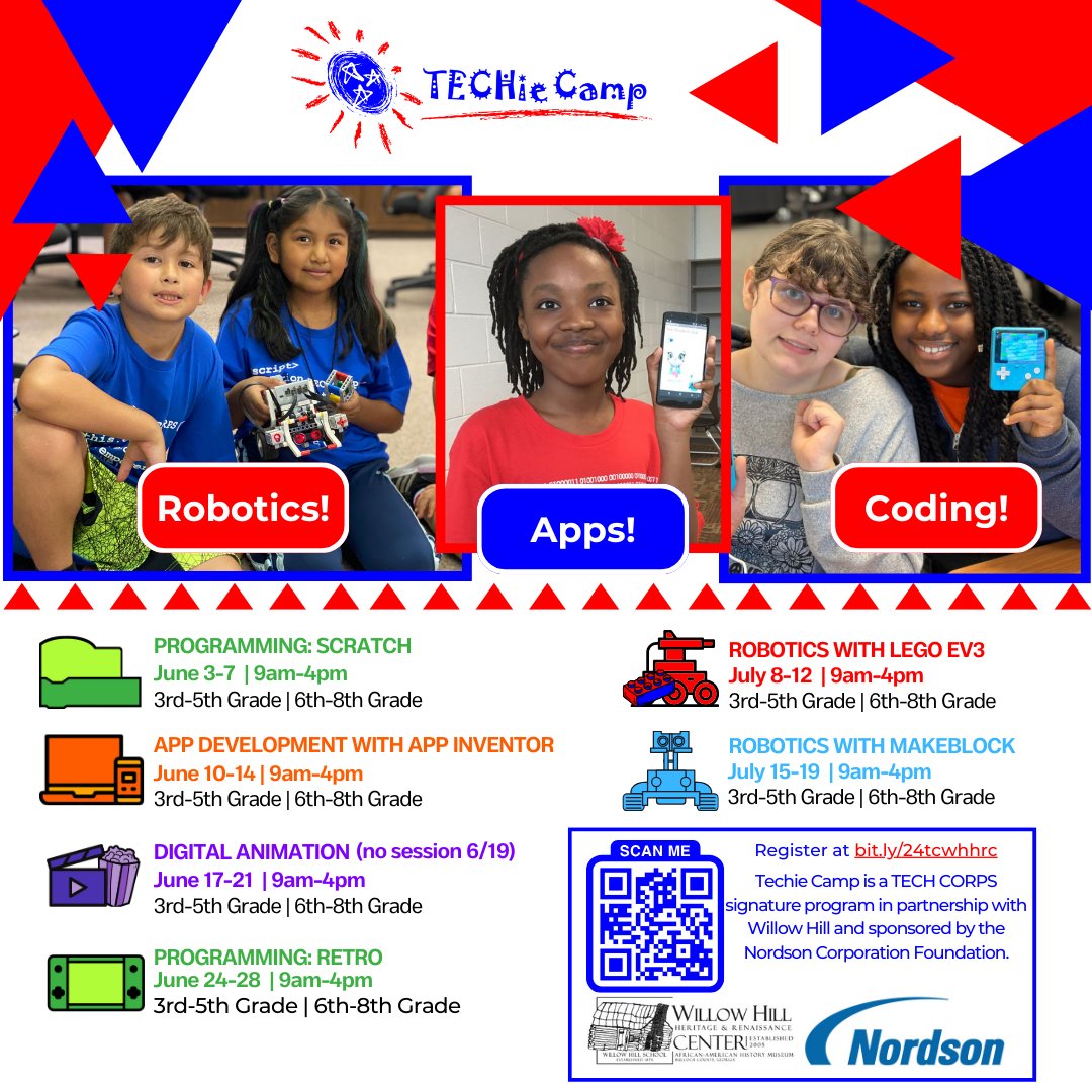 Parents in #BullochCounty, Georgia! Join us for Techie Camp @WHHRCMuseum, sponsored by @Nordson_Corp, for a journey into programming, app development, digital animation, and robotics! SIX exciting camps to engage 3rd-8th graders! Register at bit.ly/24tcwhhrc #TechieCamp