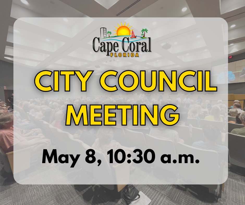 A City Council Meeting will be held this Wednesday, May 8, at 10:30 a.m., in Council Chambers. To view the full meeting agenda, visit bit.ly/4bncwSs.