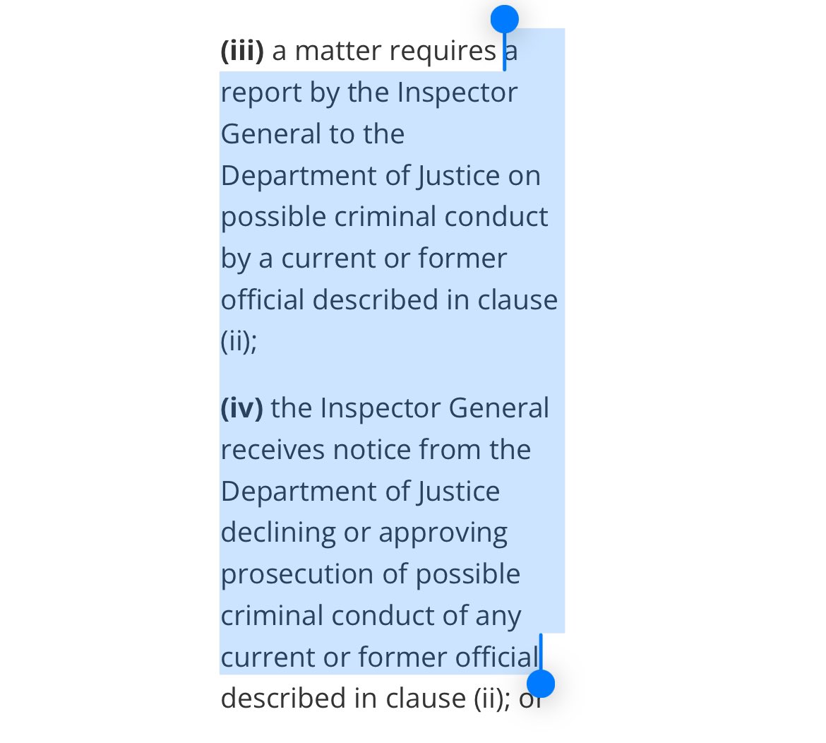 DOJ & UAP: Kirkpatrick’s statement that the *Department of Justice* has Grusch’s complaint “since it’s part of a criminal investigation” is *fascinating.* I looked up the law governing the IC IG (50 USC 3033). The only references to DOJ involve possible *criminal prosecution.*