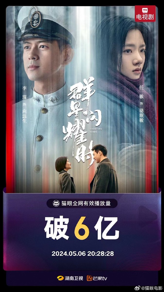 According to Maoyan, MGTV'S republican drama #ShootingStars of #LiXian and #RenMin, on the 22nd day of its launch, valid on the entire network, the number of views exceeded 600 million! 🎉😍🧡