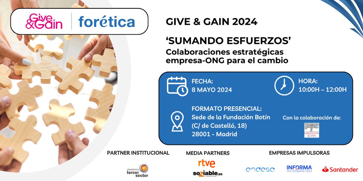 📣 El 8 de mayo, el presidente de @Plataforma3sect, @PoyatoRoca, participa en la clausura del evento anual #GiveandGain de @foretica, un encuentro para visibilizar colaboraciones de alto impacto entre empresas y #TercerSector.

Inscripciones ✍️ foretica.org/eventos/give-a…